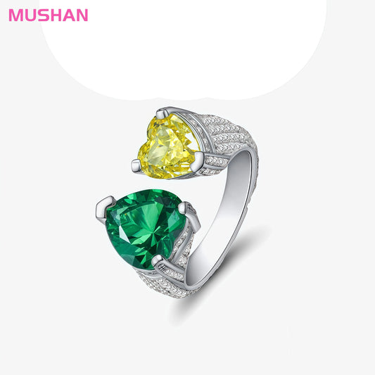 MUSHAN Jewelry Factory Adjustable Real 925 Sterling Silver Rings 4ct Double Heart Shape 8*8 High Carbon Diamond Ring for Women