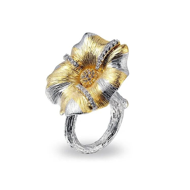 Fashion Big Flower 925 Sterling Silver Gold Plated Store Jewelry Ring