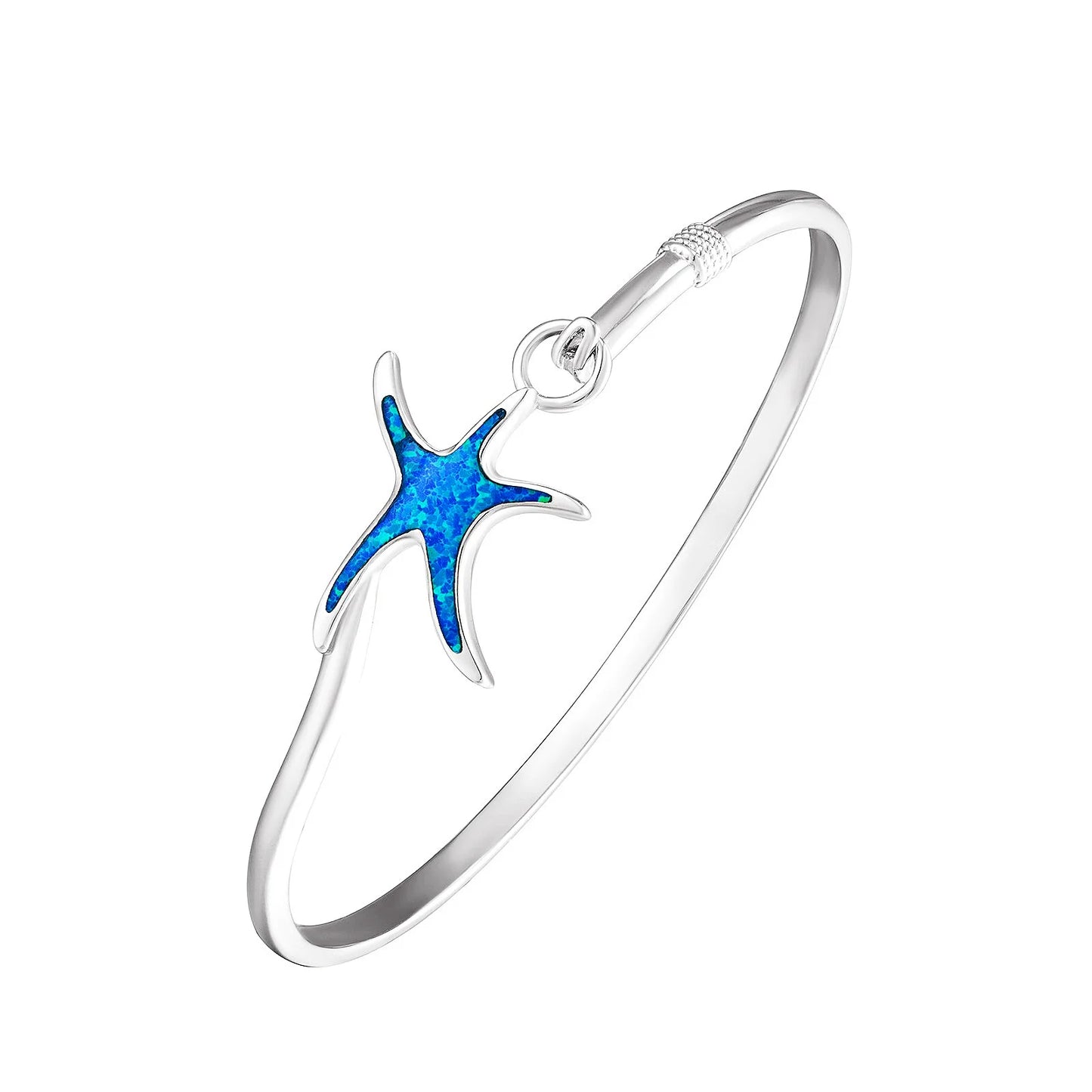 Shimmering Starfish Opal Bangle Aobao Greek Key Geometric Design Silver Tone Jewelry