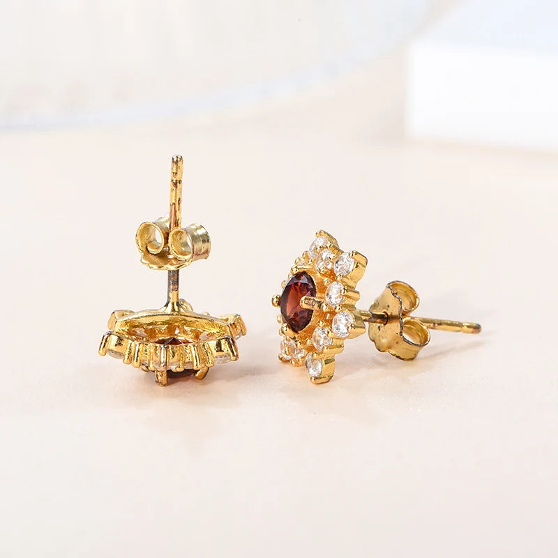 Gioiellieri Genuine Natural Garnet Brilliant Cut Women's Stud Earrings 18K Gold Plated 925 Sterling Silver Setting Hypoallergenic Gift Party