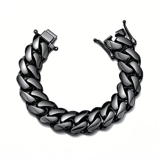 REBEL Fashion Stainless Steel Jewelry Hip Hop Black Gun Plated Heavy Thick Chunky Stainless Steel Men's Cuban Link Chain Bracelet