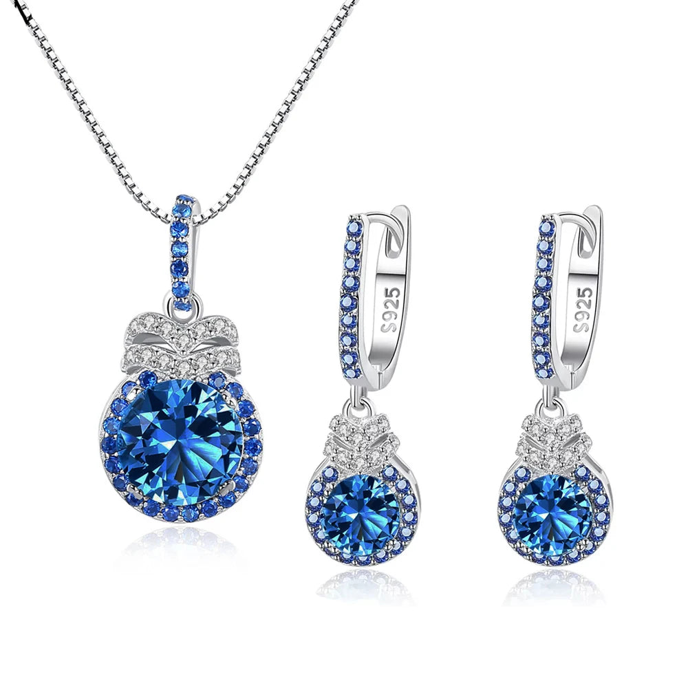 Exquisite S925 Sterling Silver Pendant Earrings CZ and Round Blue Synthetic Tanzanite Stone Jewelry Set for Women Daily Wear