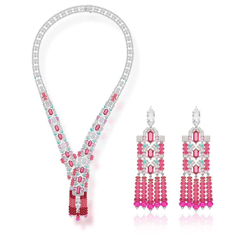 Online Purchase of Red Bead Tassel Necklace Earrings  High-end Inlaid Zircon Handmade Enamel Dubai Fashion Jewelry