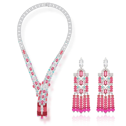 Online Purchase of Red Bead Tassel Necklace Earrings  High-end Inlaid Zircon Handmade Enamel Dubai Fashion Jewelry