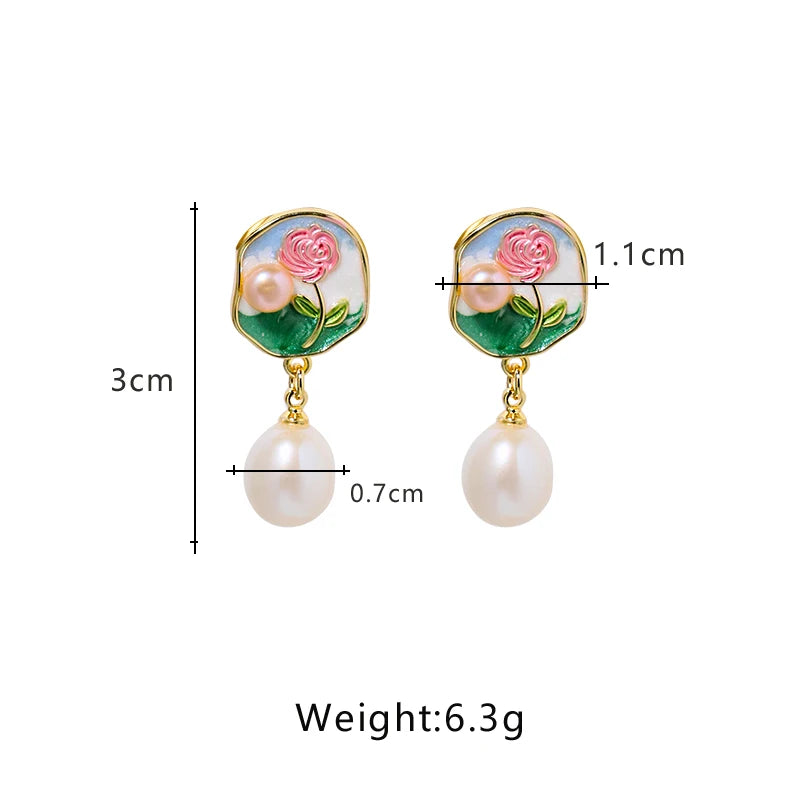 Natural Freshwater Pearl Rose Vintage Earrings Korean Style Women Luxury Jewelry Fashion Ladies and Girls Gift GE1568