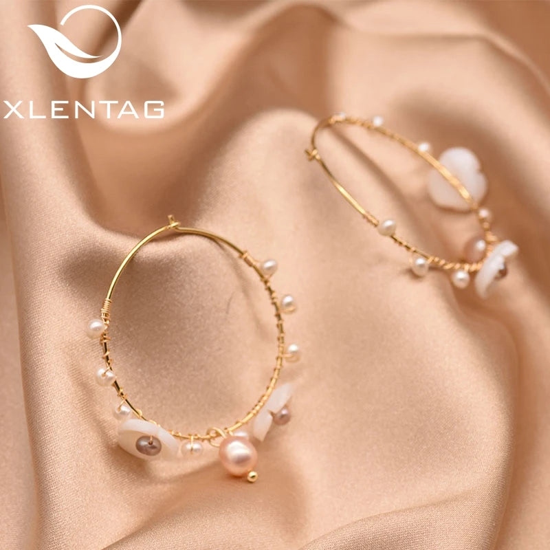 925 Sterling Silver Flower Natural Fresh Water Pearl Hoop Big Earrings for Women Wedding Gift