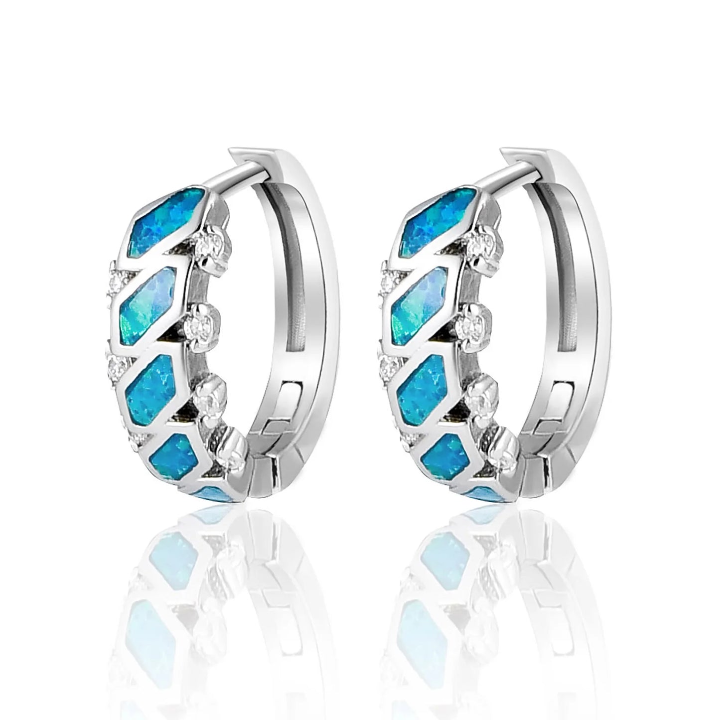 Geometric Mosaic Opal Huggie Hoops - Blue Fire Opal & CZ Accent Grid Design | Chic Daily Jewelry Bulk Gifts