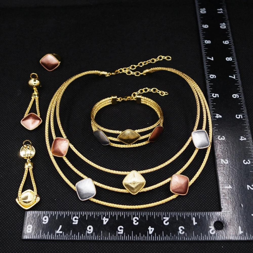 Zhuerrui Three Tone Layered Gold Plated 4Pcs Jewelry Set Necklace Bangle Earrings Ring for Wedding Daily Wear HS26009