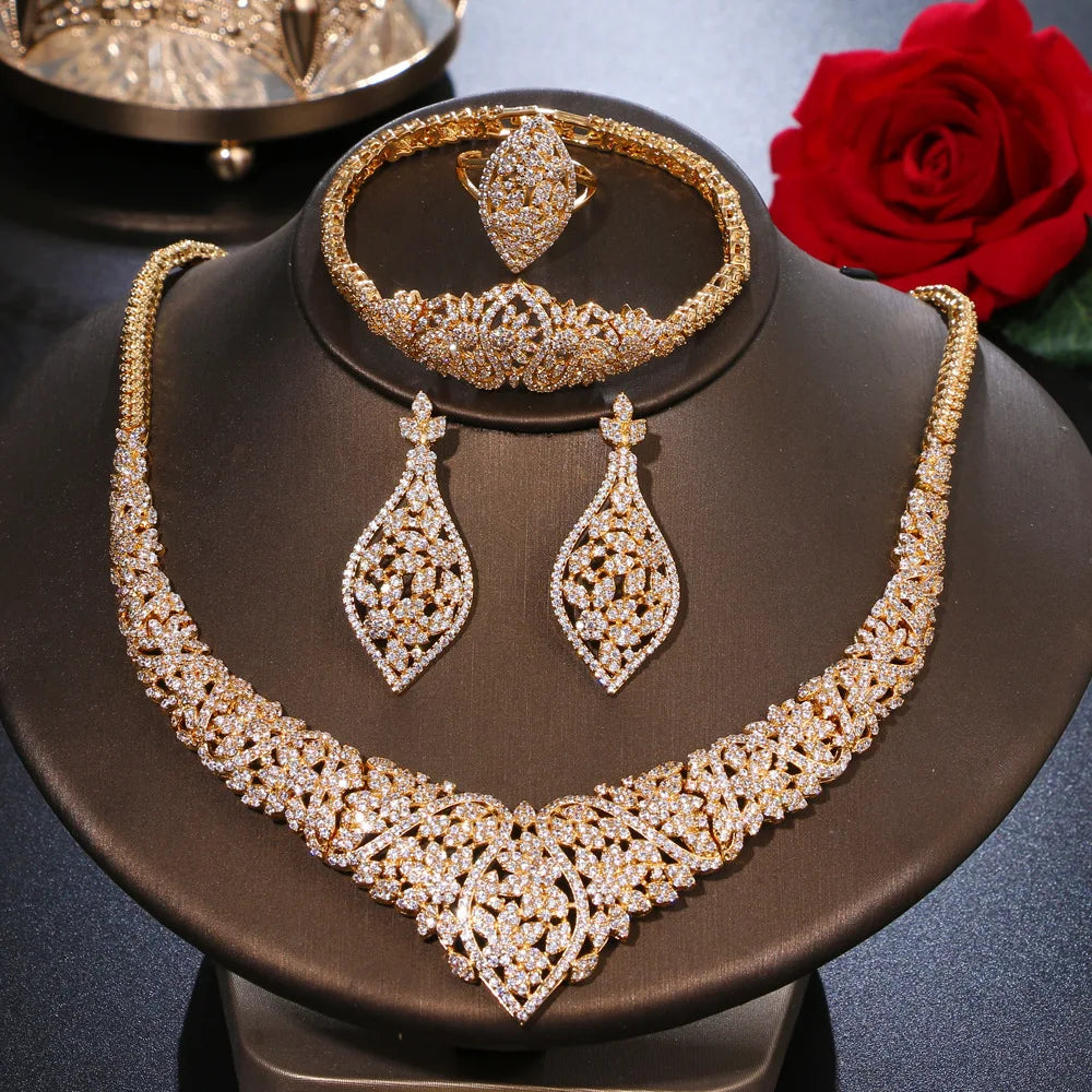 Luxury Sparkly Zirconia 4-Piece Indian & African Geometric Bridal Set — Gold & Rhodium Plated