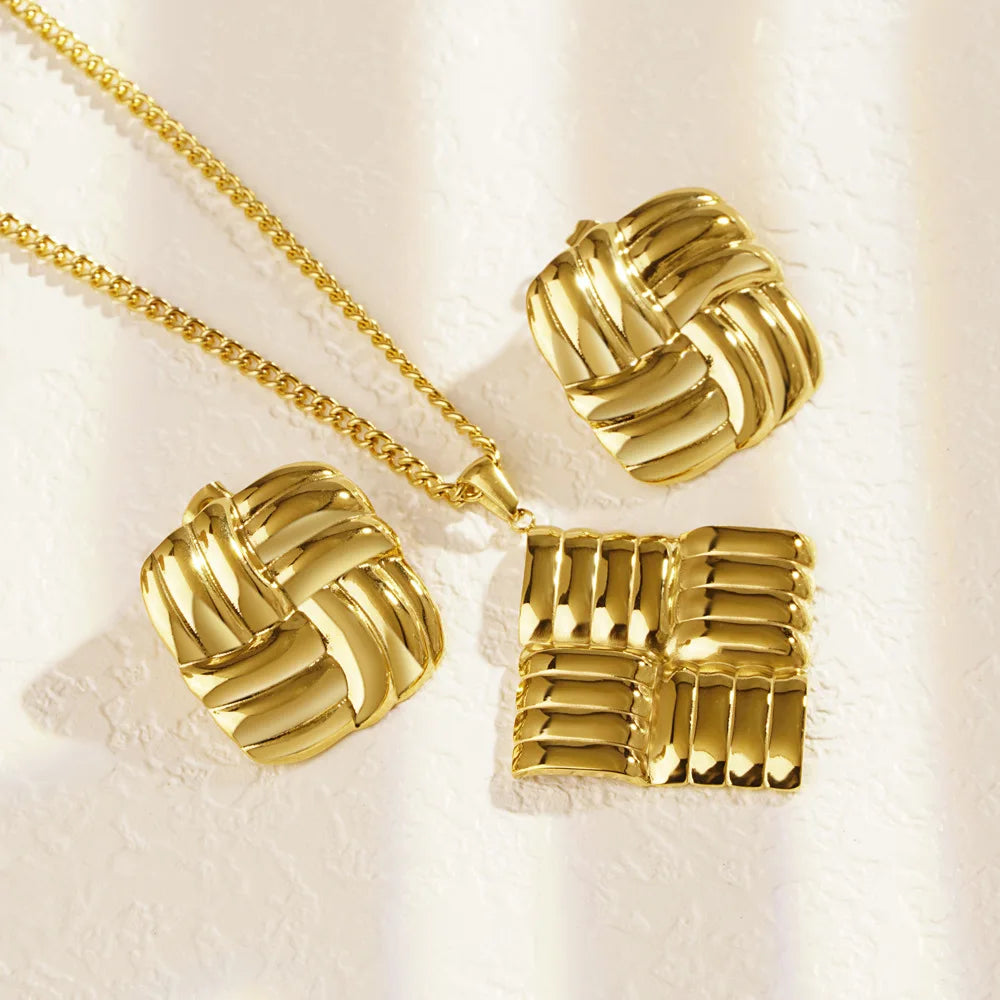 Geometric Square Necklace & Braided Drop Earrings | Retro Gold Plated Stainless Steel Fashion Jewellery