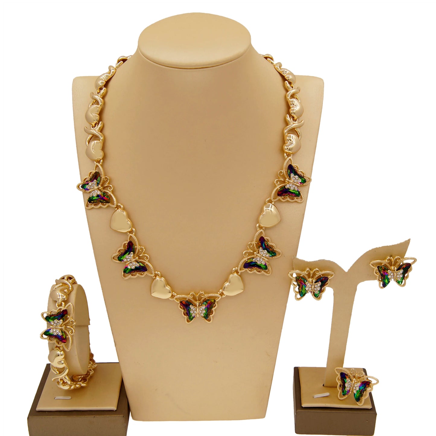 Zhuerrui Hot Sale Butterfly Xoxo Necklace Set Rhinestones Exquisite 4Piece Set Gold Filled Women Bridal Jewelry Set X0194