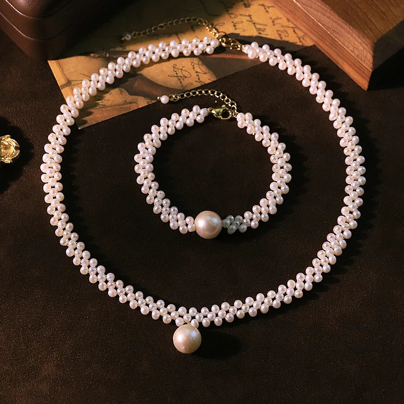 Natural Freshwater Pearl Braided Bracelet Necklace Set Handmade Design Set for Banquet Wedding Women's Jewelry GS0230