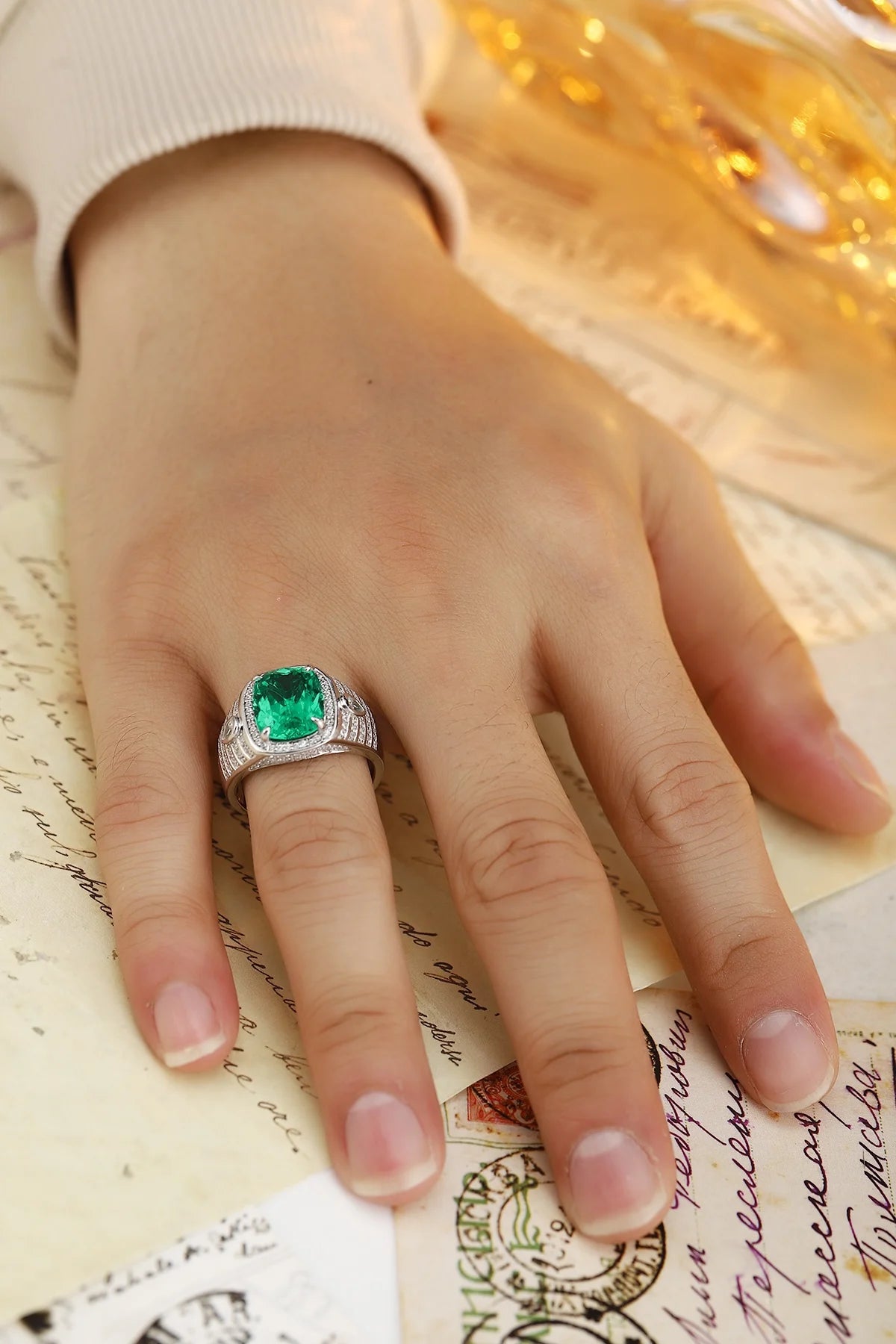 Gemfiori New Design Retro Lab Grown Emerald Gemstone Ring Sterling 925 Silver Mens Rings Big Size Rings for Men Wedding Party Jewlery