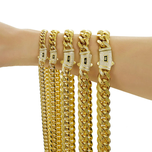 Hip Hop Hot Design Stainless Steel 14K Gold Plated Zircon Monaco Chain 6/8/10/12/14/16mm Miami Cuban Link Chain for Women Men
