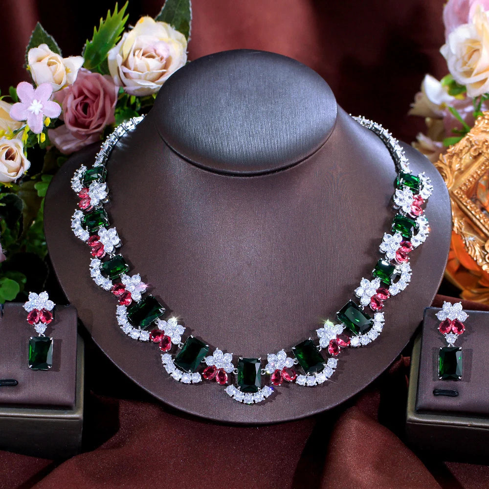Extravagant Colorful Red Green Necklace and Earrings Rectangle Cubic Zirconia Luxury Wedding Party Jewelry Set for Women