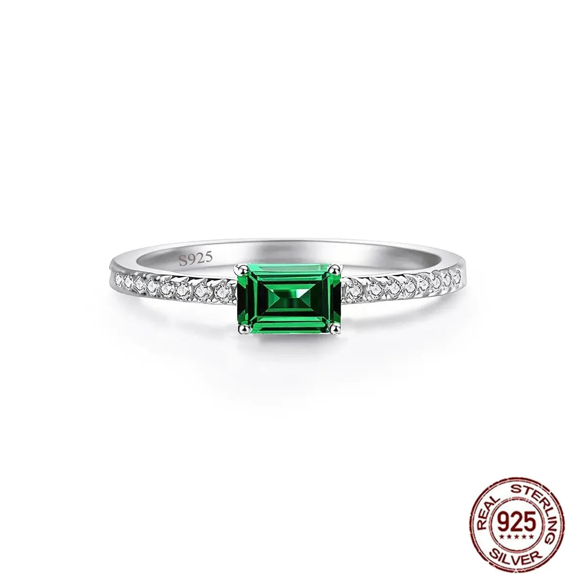 S&S 925 Sterling Silver Green Emerald-Cut CZ Solitaire Ring – Sizes 6–9 – Collection