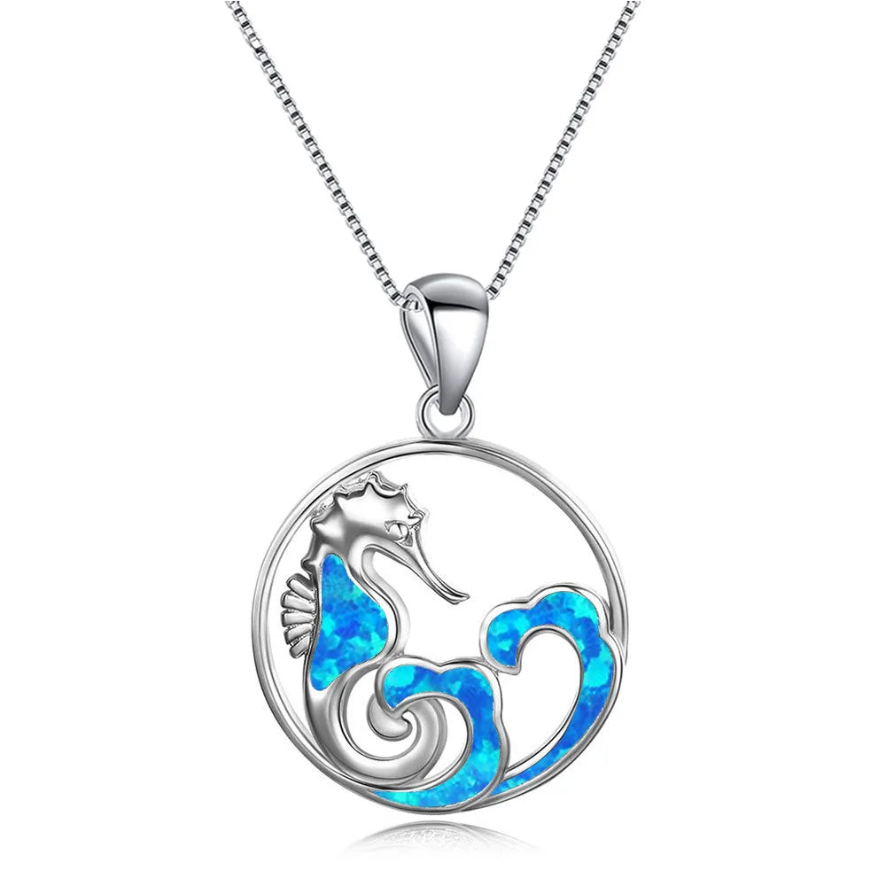 Aobao Christian Copper Link Chain Seahorse Opal Necklace Wave Pendant Sweater Chain