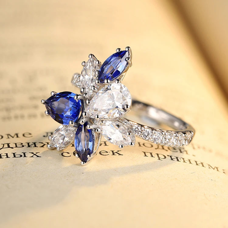 Gemfiori Miss Jewelry New Design 18k Gold Pear Cut CZ Sapphire Stone Promise Diamond Engagement Ring for Women
