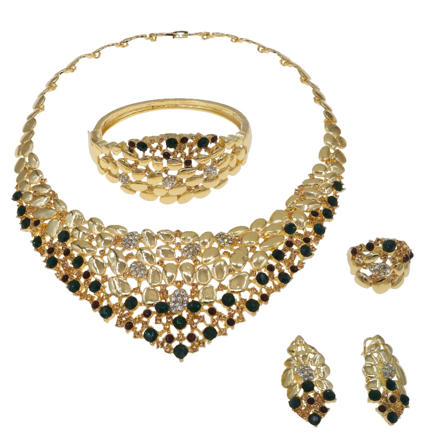 Zhuerrui African Cheap Gold Luxury Jewelry Sets Green Red Diamond Necklace Jewelry Set Factory Women's Birthday Gifts HN23001