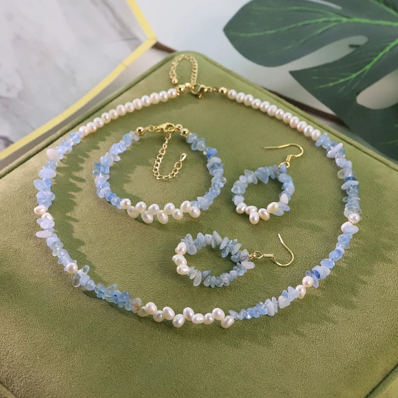 GLSEEVO Natural Freshwater Pearl Aquamarine Jewelry Set for Women Daily Wear Dating Party Pearl Jewelry Set Minimalist Jewelry
