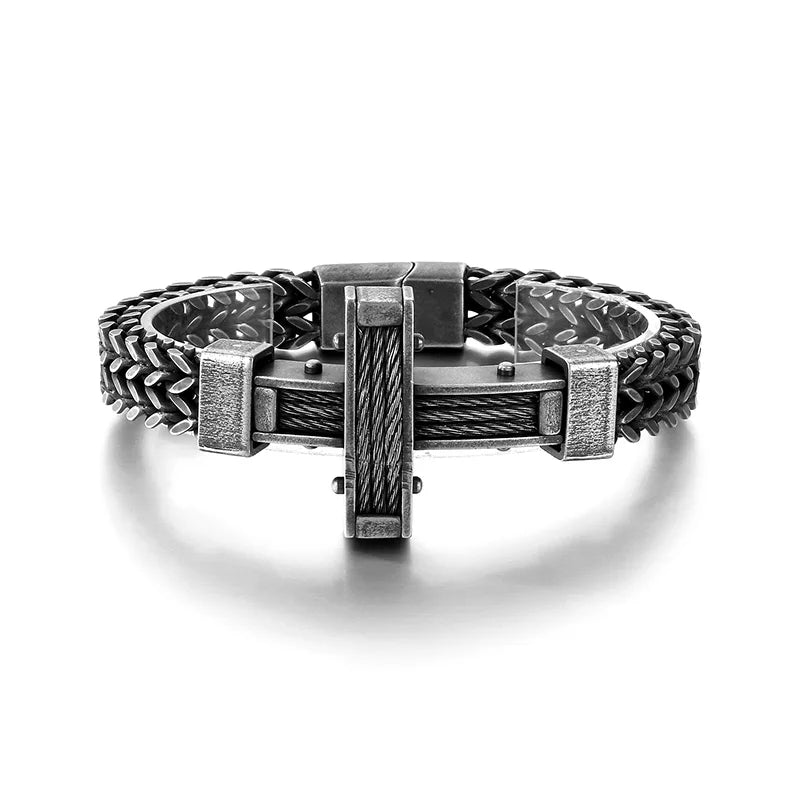 KALEN Men Vintage 220mm Oxidized Black Stainless Steel Christian Cross Herringbone Chain Bracelet