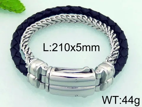KALEN Trendy Braided Black Cowhide Leather and  Stainless Steel Bracelet Men Double Chain