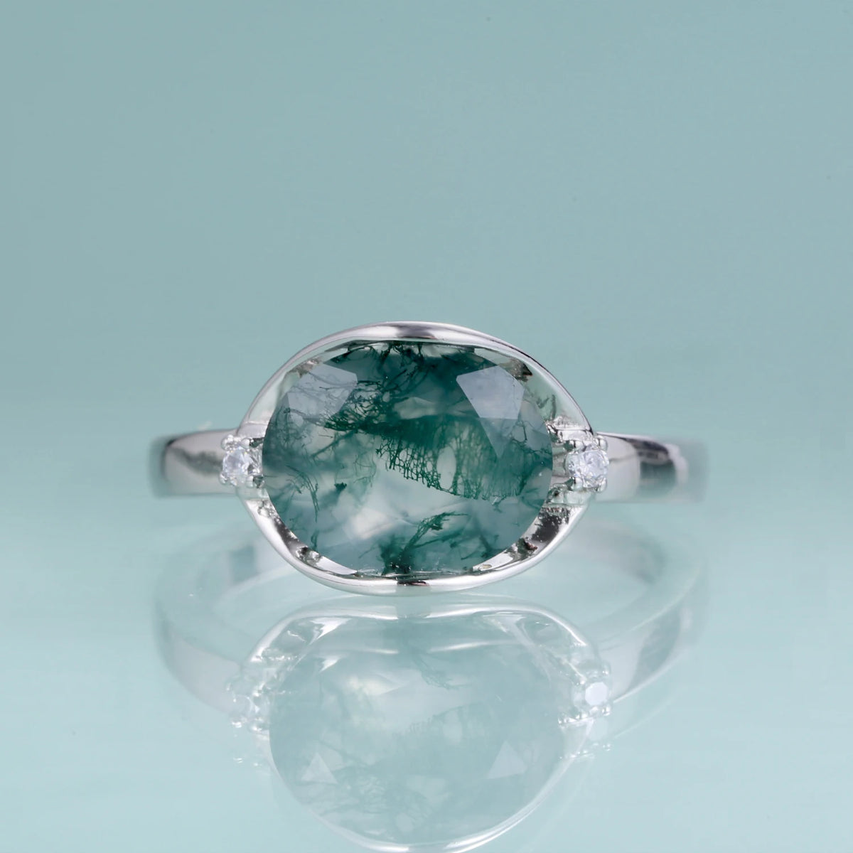 ArtistA Abiding Plated Silver 925 Natural Stone Ring Fancy Cut Natural Inspired Moss Agate Engagement Ring for Anniversary Bridal