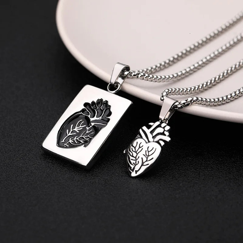 REBEL 2pcs/set Necklace Puzzle Jewelry Couple Collares Anatomical Heart Necklace Men Gift Stainless Steel Chain Alloy Pendant