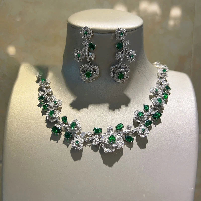XM S203  Luxury Royal Blue Gemstone Flower Statement Necklace and Drop Earrings Set