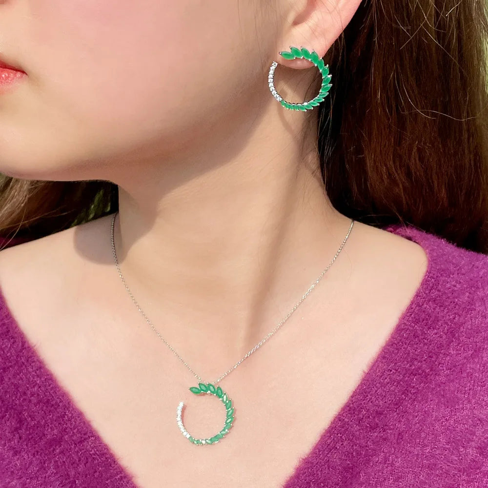 New Temperament Half Round Green Leaf Shaped Marquise Cut Cubic Zircon Crystal Stud Earrings and Necklace Jewelry Set for Women