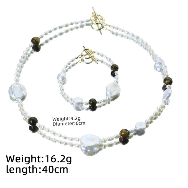 GLSEEVO Natural Freshwater Pearl & Tiger Eye Stone 2-Piece Jewellery Set — Coin Pearl, Seed Pearl & Toggle Clasp Necklace & Bracelet