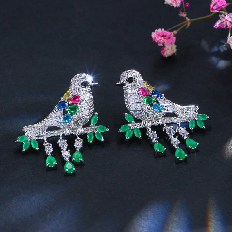 S&S 3D Green CZ Bird Dangle Drop Earrings | Lucky Animal Jewellery | NewLife