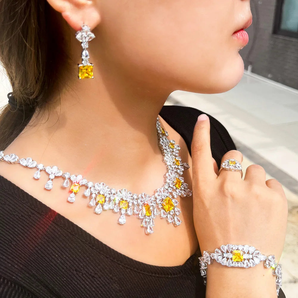 4pcs Big Dubai Cubic Zirconia Flower Fringed Expensive Luxury Chunky Wedding Bridal Necklace Jewelry Sets for Women Jewellery