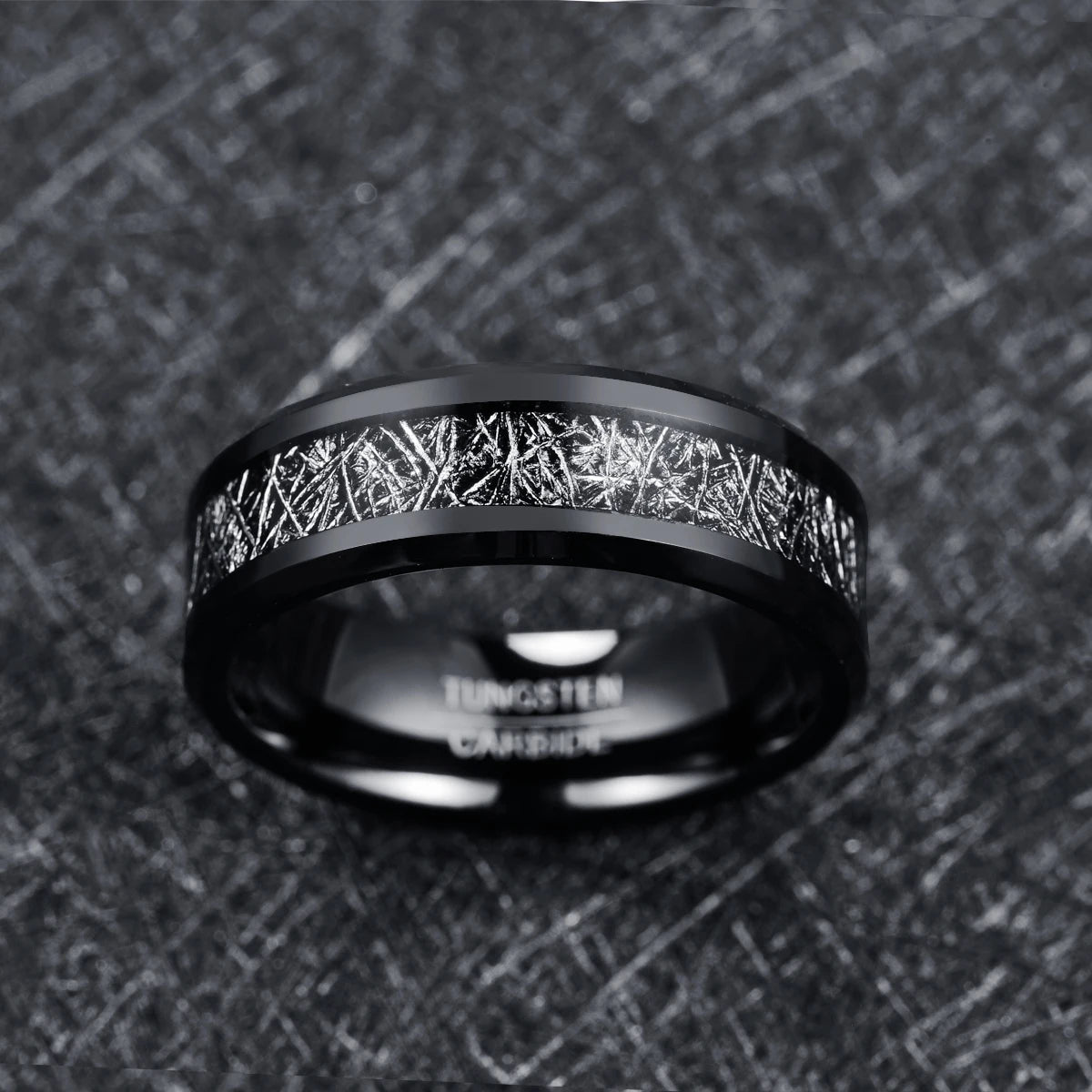 REBEL 8mm Width Chamfer Black Plated Inlaid Imitation Meteorite Men's Tungsten Ring Jewelry