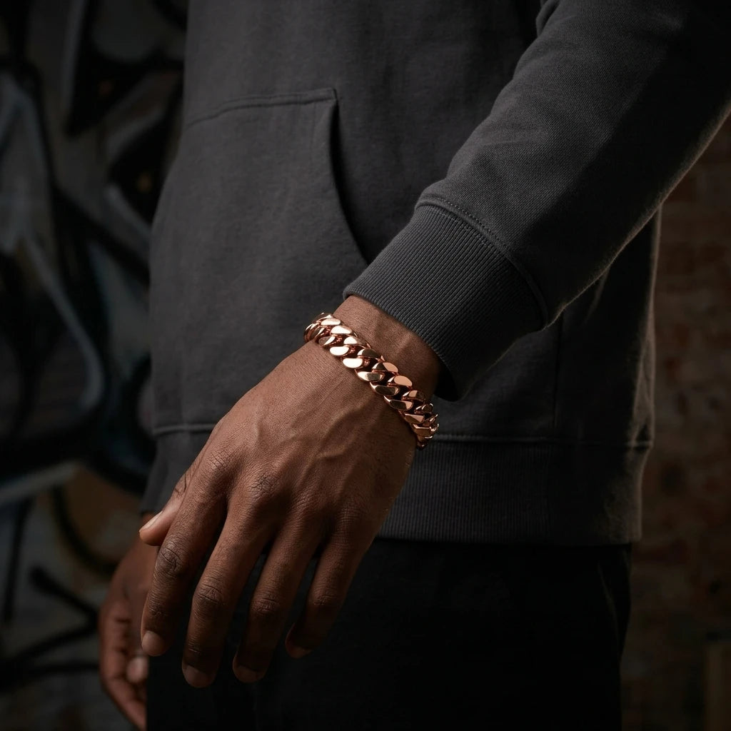 Wholesale Tungsten Rose Gold Cuban Link Bracelet Classic Plain Polish Support Custom Zircon Clasp 3D Logo Laser Engraving Hip