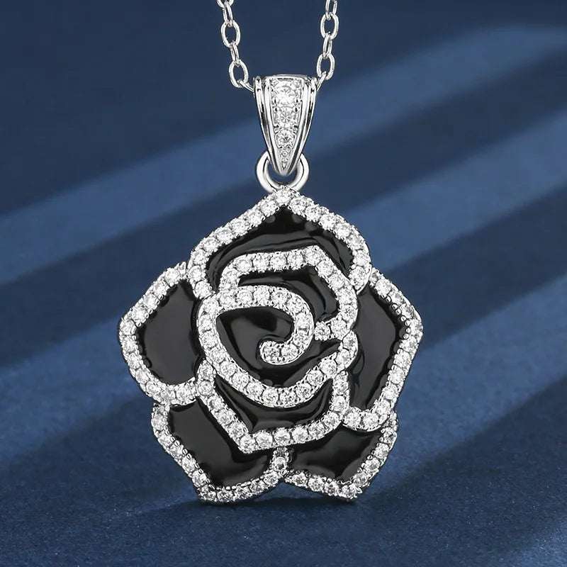 Gemfiori Black Rose Earrings with a High-end Feel Light Luxury Pendant French Retro Temperament Niche Design Ring Jewelry Set