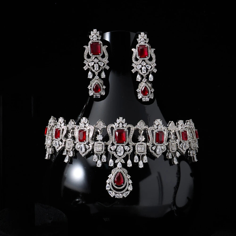 018269 Luxury Color Bridal Choker Necklace with Earrings for Women Cubic Zircon Wedding Jewelry Sets Brides Accessories Indian