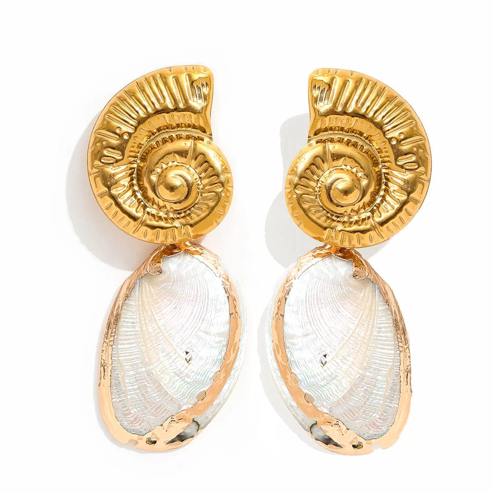 Joolim PVD Plated Wholesale Waterproof Fashion Statement Beach Natural Conch Shell Dangle Hoop Earring Stainless Steel Jewelry