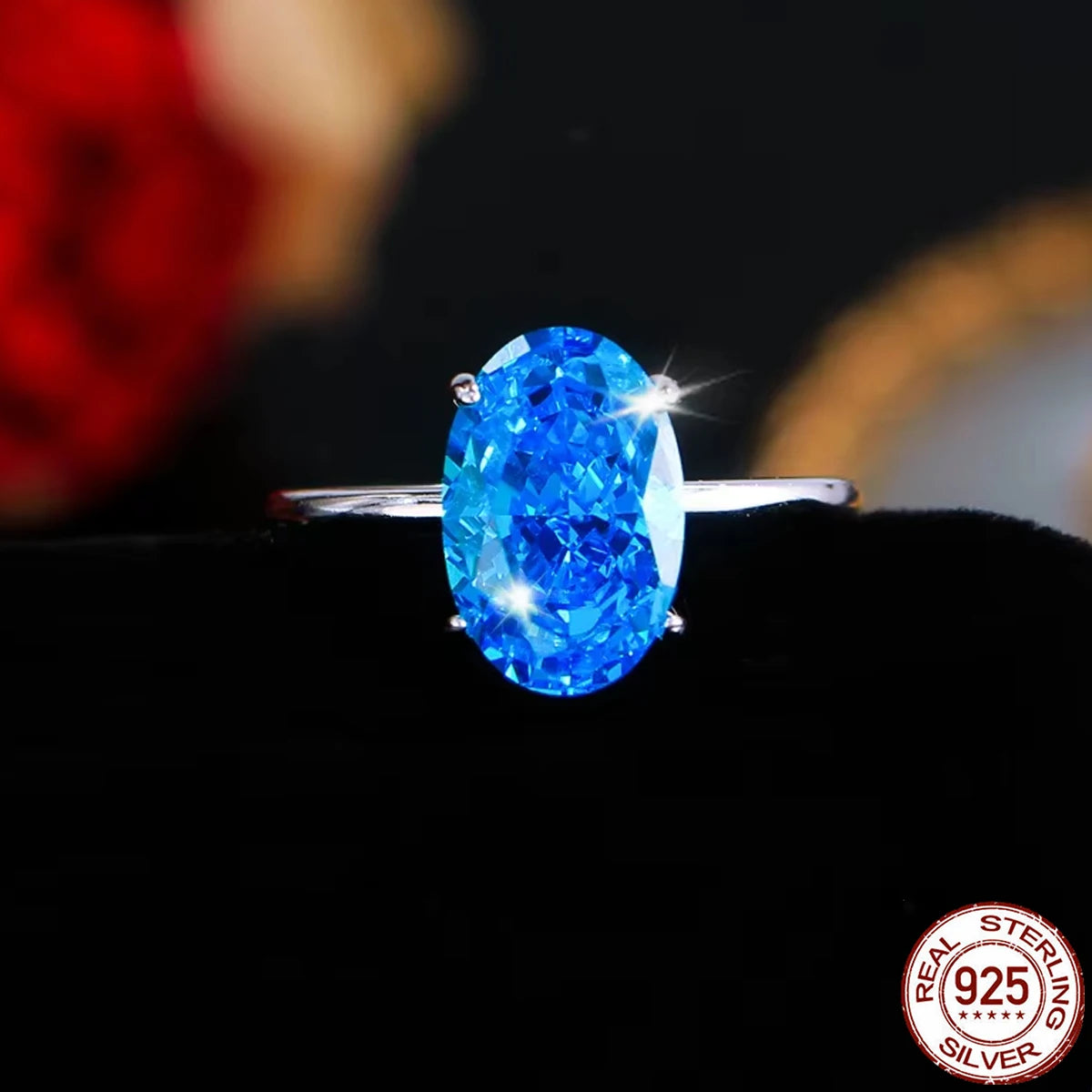 S&S 925 Sterling Silver Blue Oval-Cut CZ Cocktail Ring – Rhodium Plated – Collection