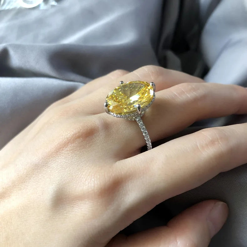 MuShan Jewelry Factory 16 Carat 12 16mm Geometric Yellow Diamond Wedding Ring Women 925 Silver Platinum Plated Luxury Pave Party