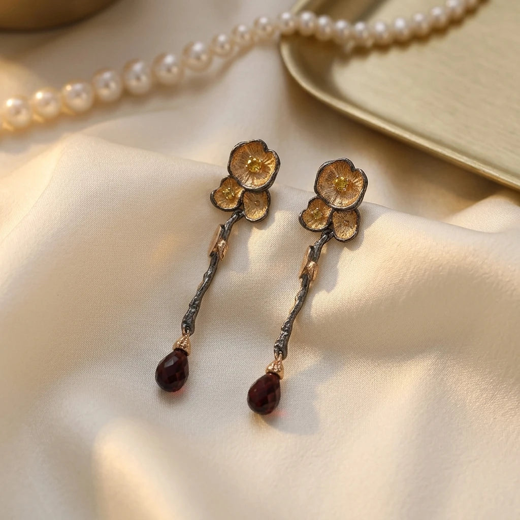 Guangdong Handmade Classic Little Flower 925 Sterling Silver Drop Earrings with Garnet for Wedding & Party Gift