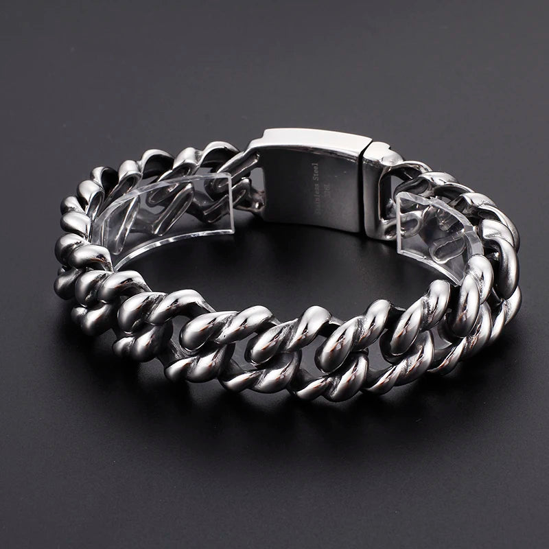 KALEN 316L Stainless Steel Heavy Silver Bracelet Bangle Men High Polish Biker Unique Chain Bracelets Jewelry