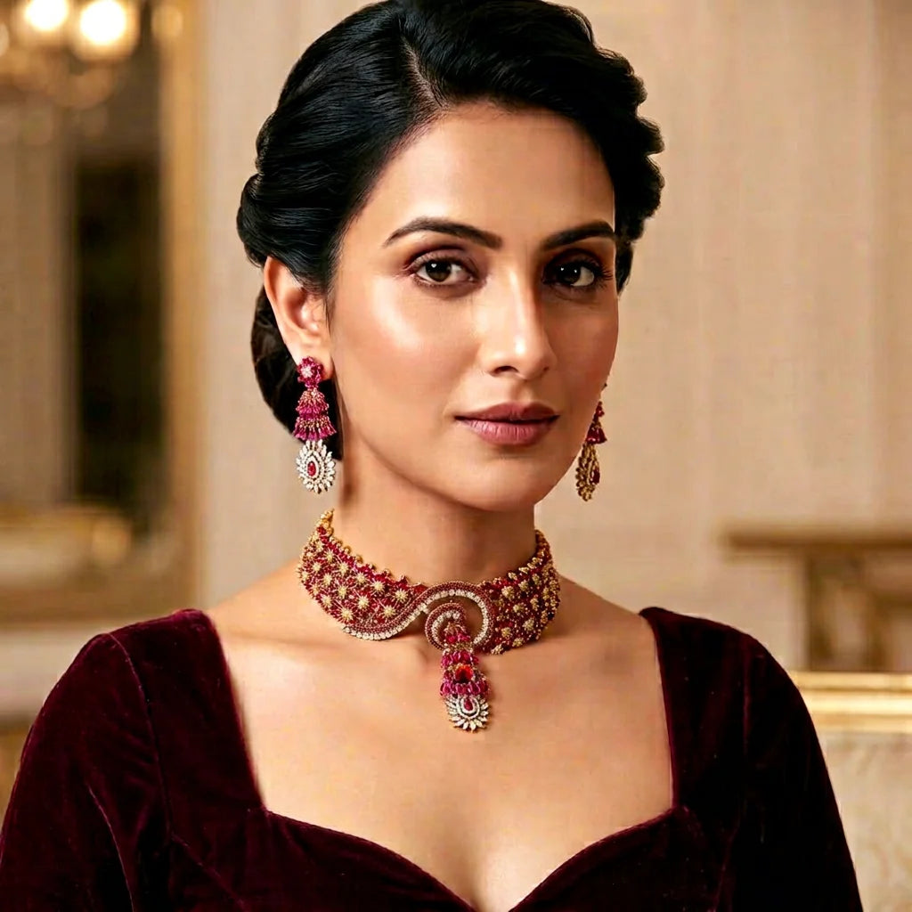 Elegant Ruby Bridal Choker Set Luxury Red Stone Mehendi Gold Plated Wedding Party Jewelry Necklace Set for Women Set For Women