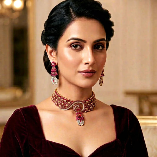 Lakshmi Elegant Ruby Bridal Choker Set Luxury Red Stone Mehendi Gold Plated Wedding Party Jewelry Necklace Set for Women Set For Women