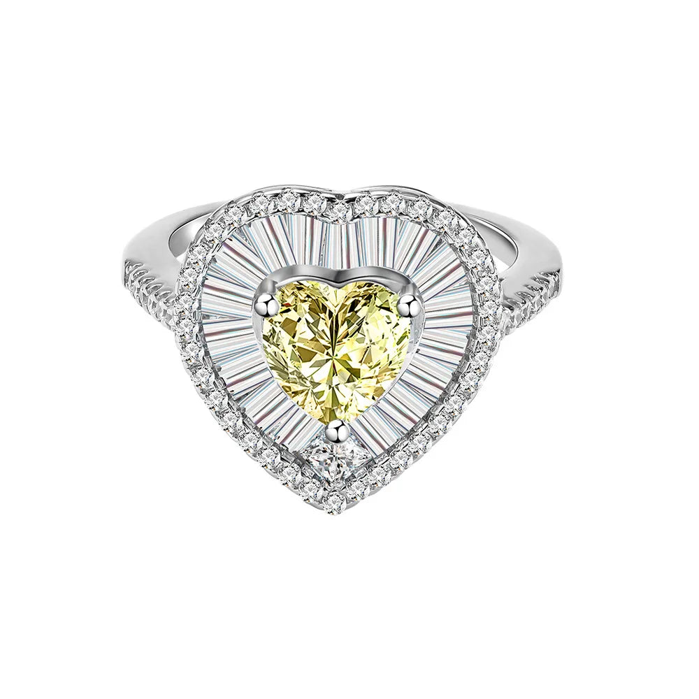 MuShan Jewelry Factory Heart Shaped 7mm Light Yellow Main Diamond 925 Silver Ring Women High Carbon Diamond pink Diamond Ring