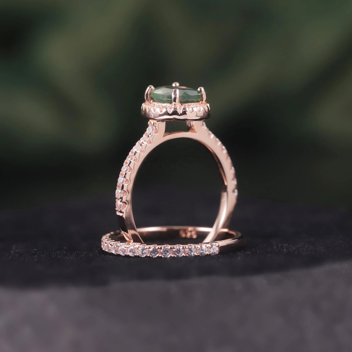 ArtistA Abiding Dainty Jewelry Oval Cut 6X8MM Moss Agate 2 Pieces Minimalist 925 Sterling Silver Women Rings Set for Wedding Engagement