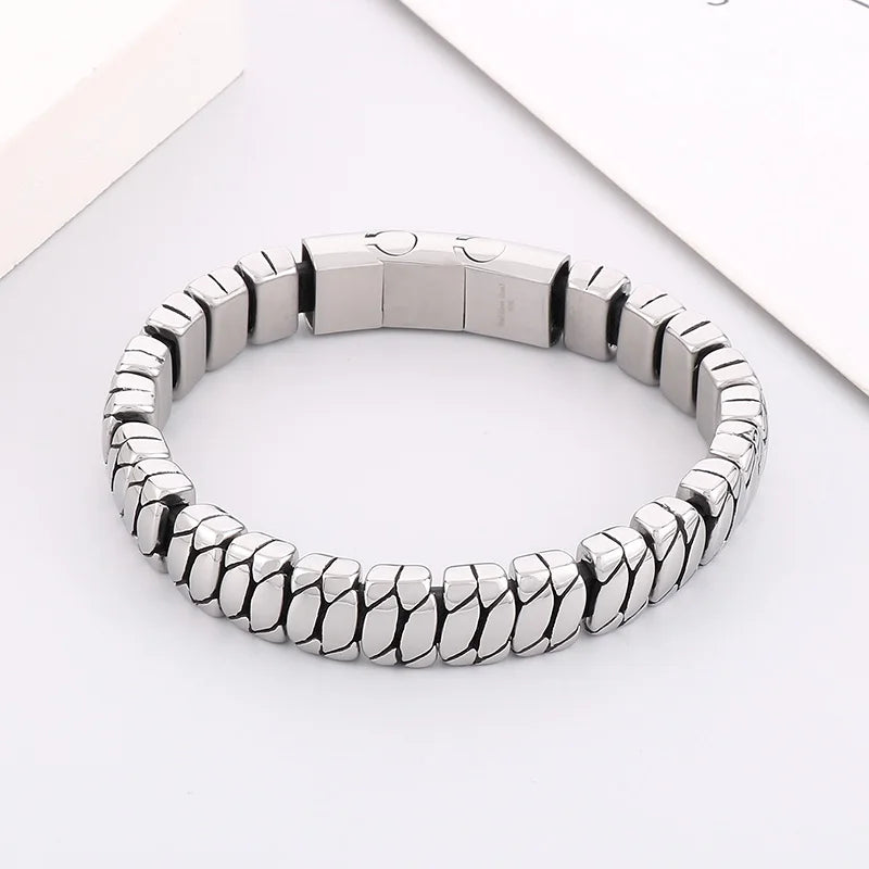 REBEL 225mm Fashion Leather&Stainless Steel Snake Scale Links Bracelet Bangle
