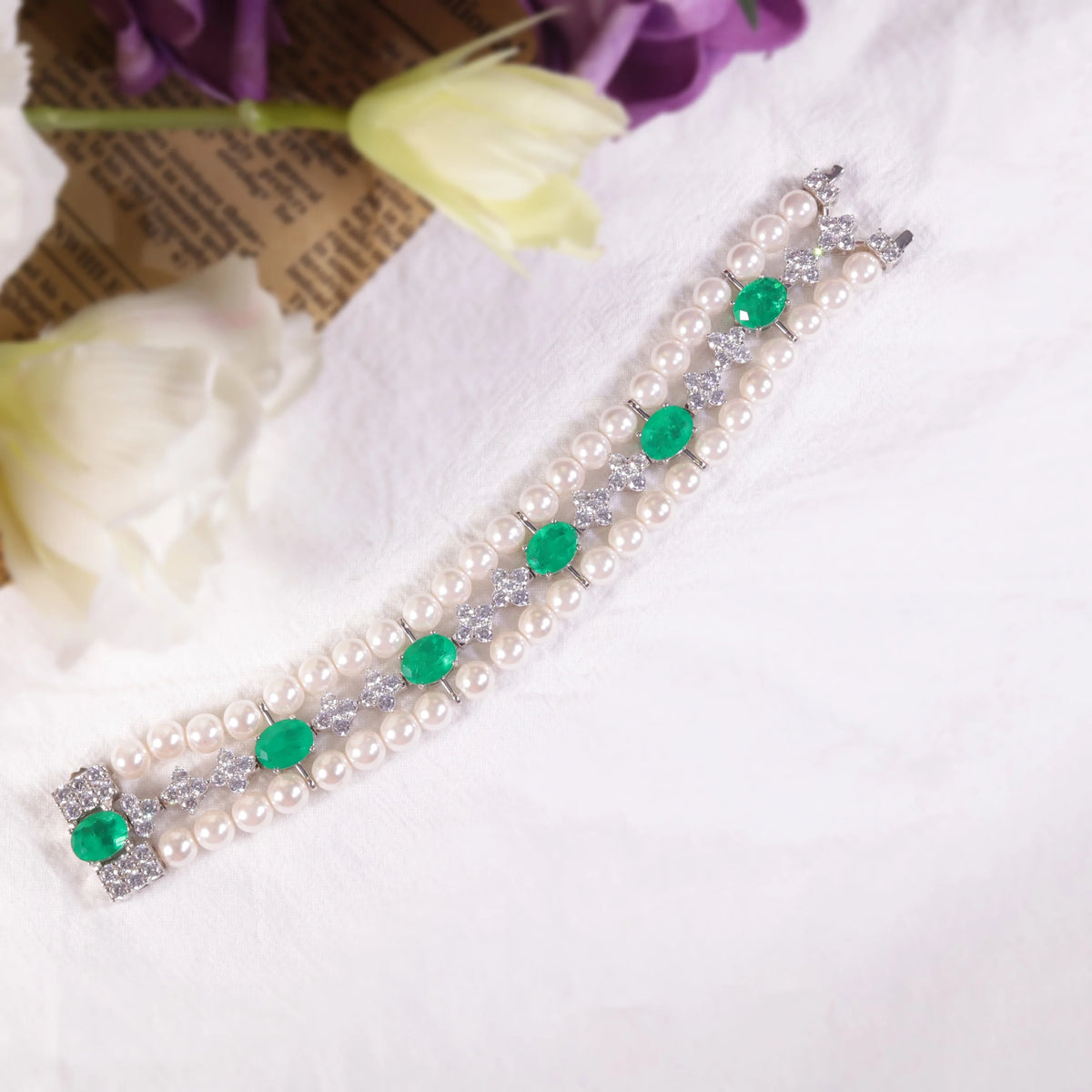 Gemfiori AB067 Abiding Exquisite Imitated White Pearl Emerald White Quartz 925 Silver 3 Row Tennis Bracelet for Ladies at Best Price