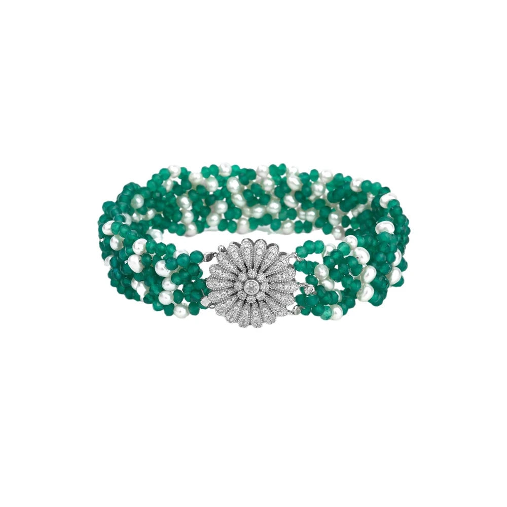 MUSHAN Jewelry Factory S925 Pure Silver Green Agate Bracelet Natural Pearl Light Luxury and High End Accessory