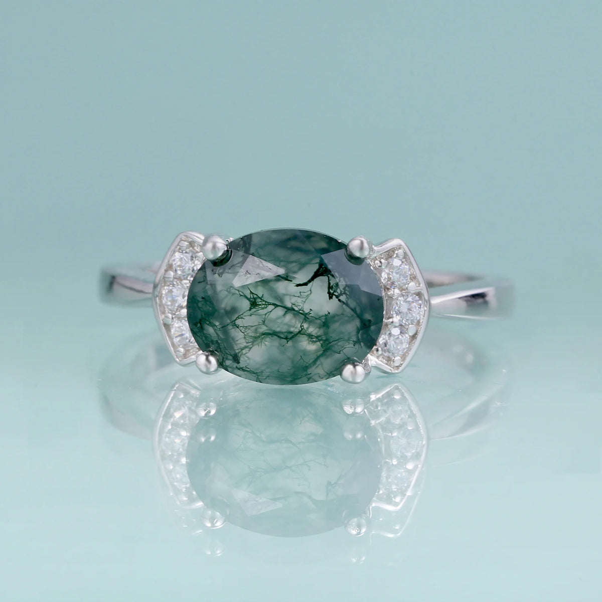 ArtistA Abiding Plated Silver 925 Natural Stone Ring Fancy Cut Natural Inspired Moss Agate Engagement Ring for Anniversary Bridal